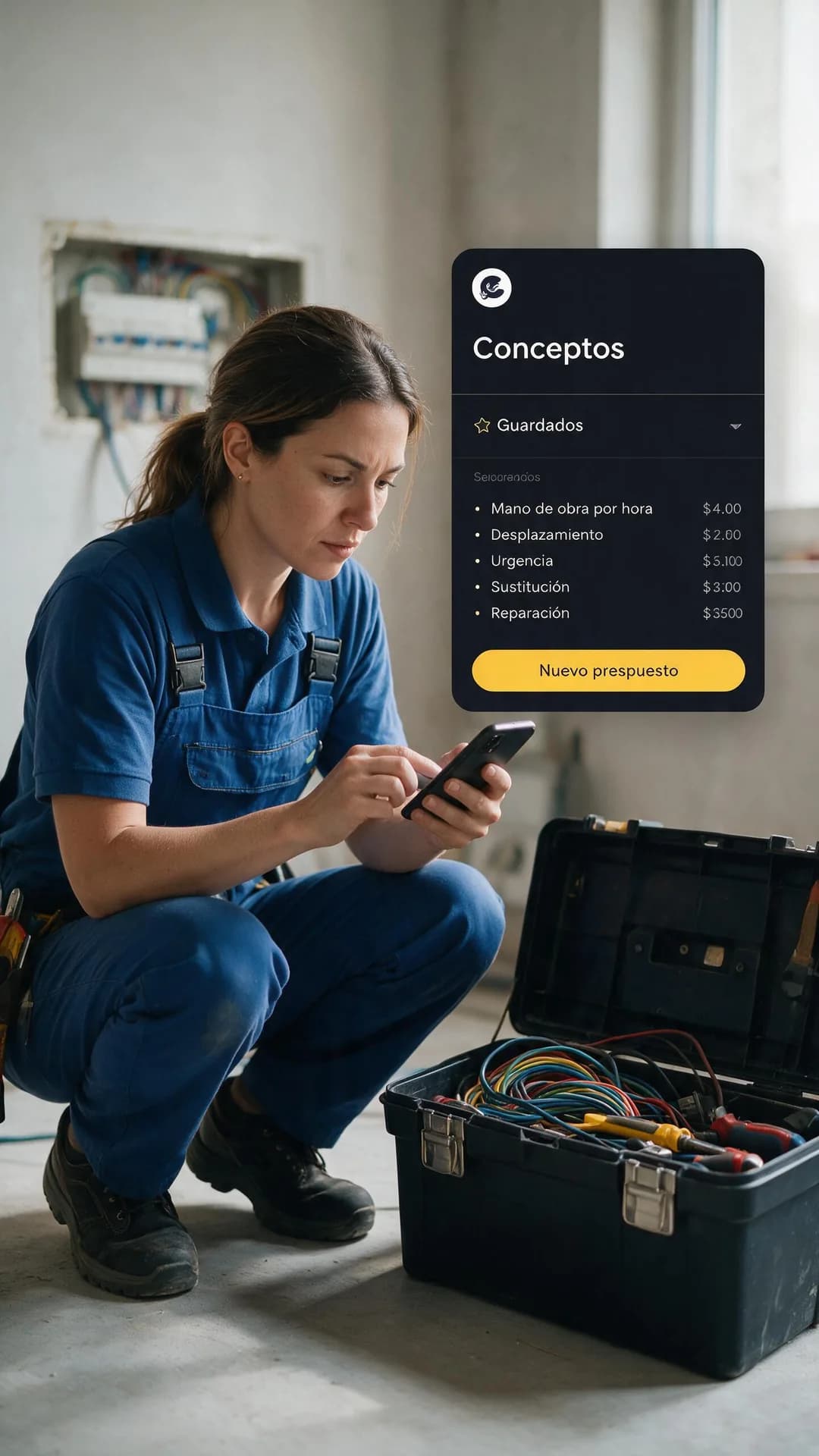 Electricista con sus conceptos guardados en el catálogo