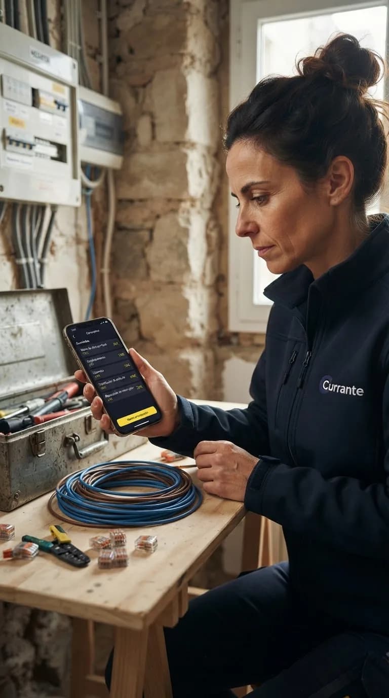 Electricista usando la app junto al cuadro eléctrico