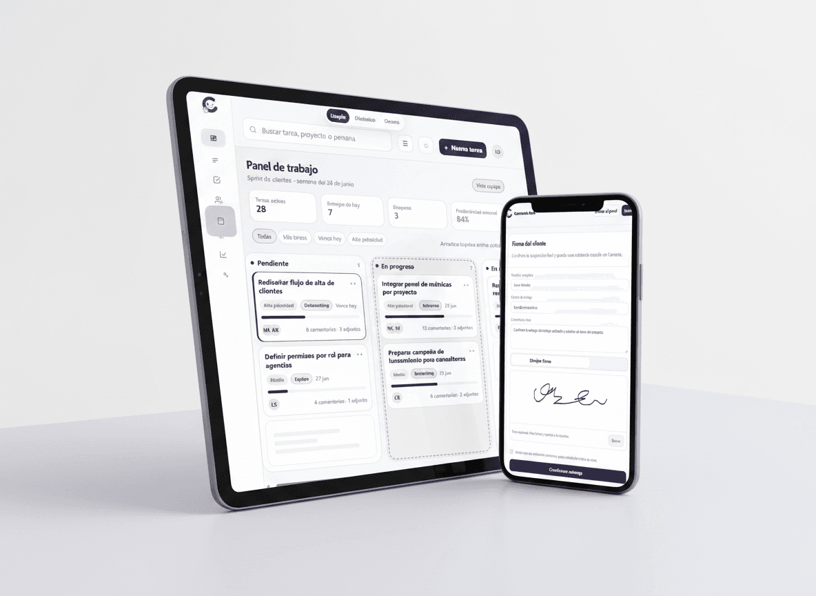 Currante en ordenador y tablet con el tablero de trabajo